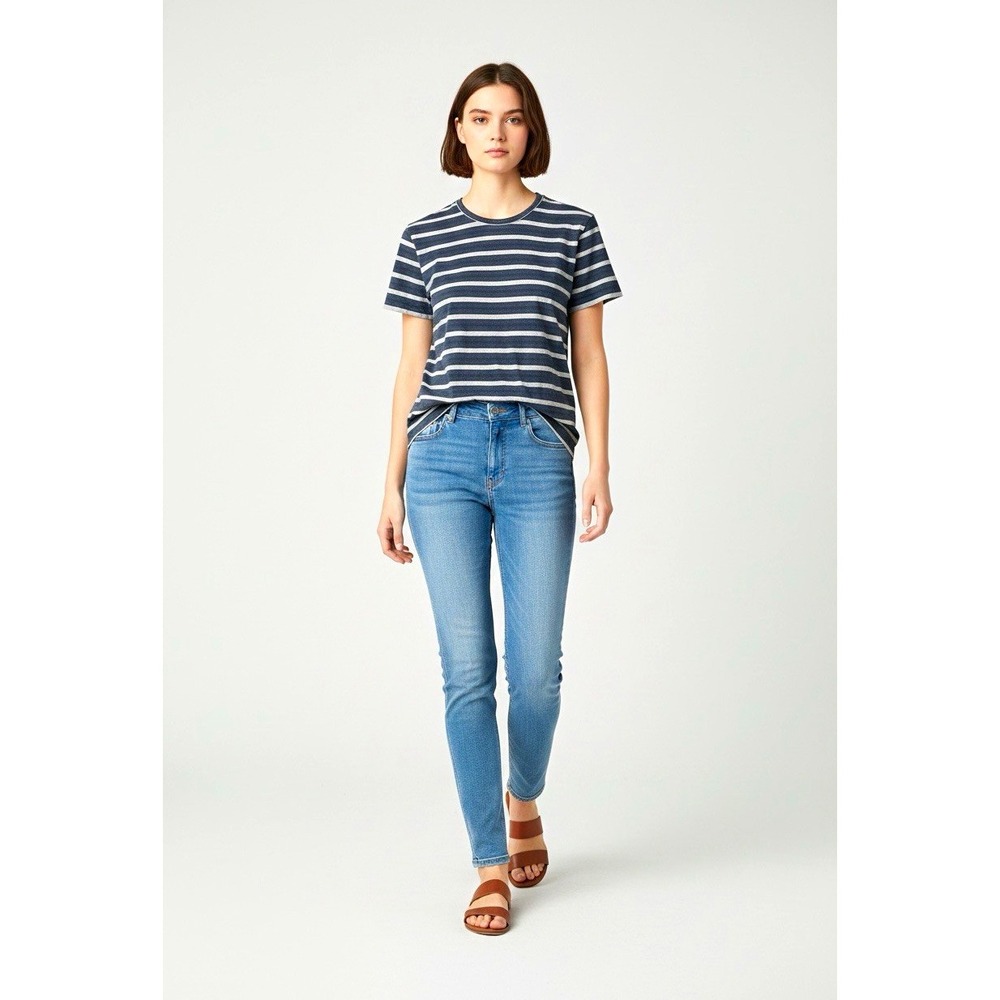 Lands' End Womens Short Sleeve Crew Neck Striped T-Shirt Blue/Gray M